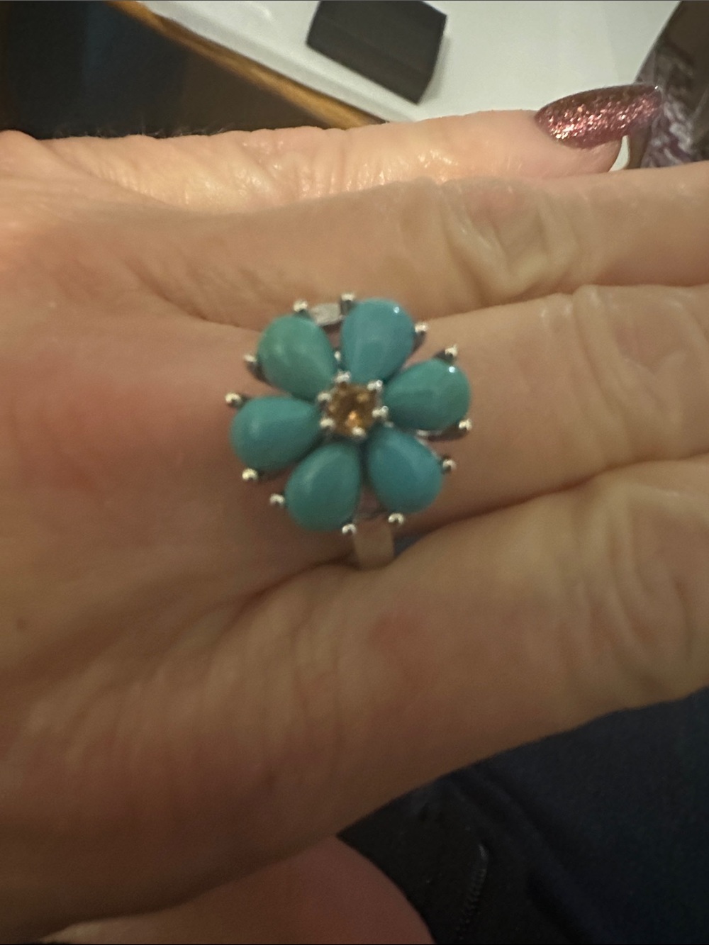 Turquoise Floral size 10 Ring with pink center stone set in sterling silver - Picture 3 of 9